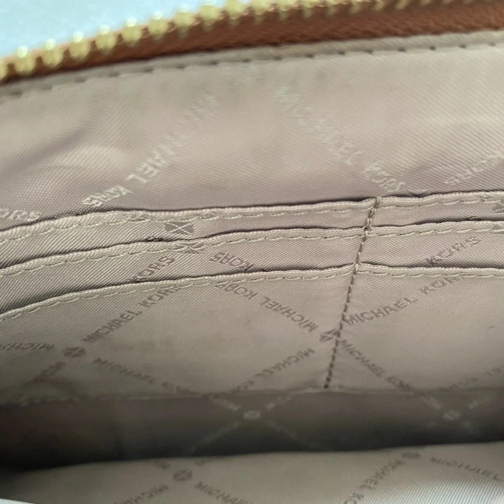 Michael Kors Beige/Gold Croc Embossed Leather and MK Canvas Wristlet Clutch. 10” - Picture 11 of 15